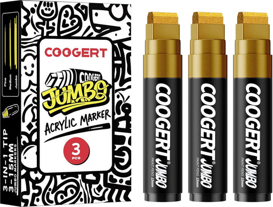 3Pcs Gold Jumbo Poster Markers, 15MM Thick Permanent Acrylic Graffiti Markers, Wide Tip Paint Marker for Canvas, Posters Board, Fabric, Window, Glass, Wood, Teachers,Banner painting supplies