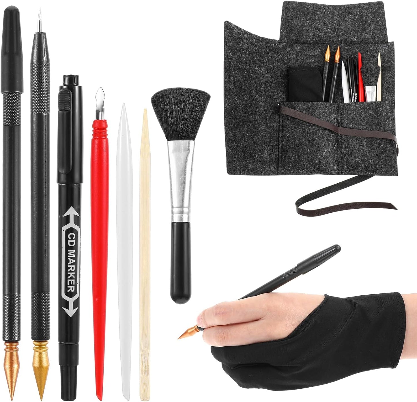 9Pcs Scratch Art Tools Set Including Artist Glove, Tool Bag, Scratch Coloring Pens, Plastic And Wooden Stylus, Scraper, Repair Pen, Clean Brush Scratchs Painting Drawing Tools for Adult Painting Paper