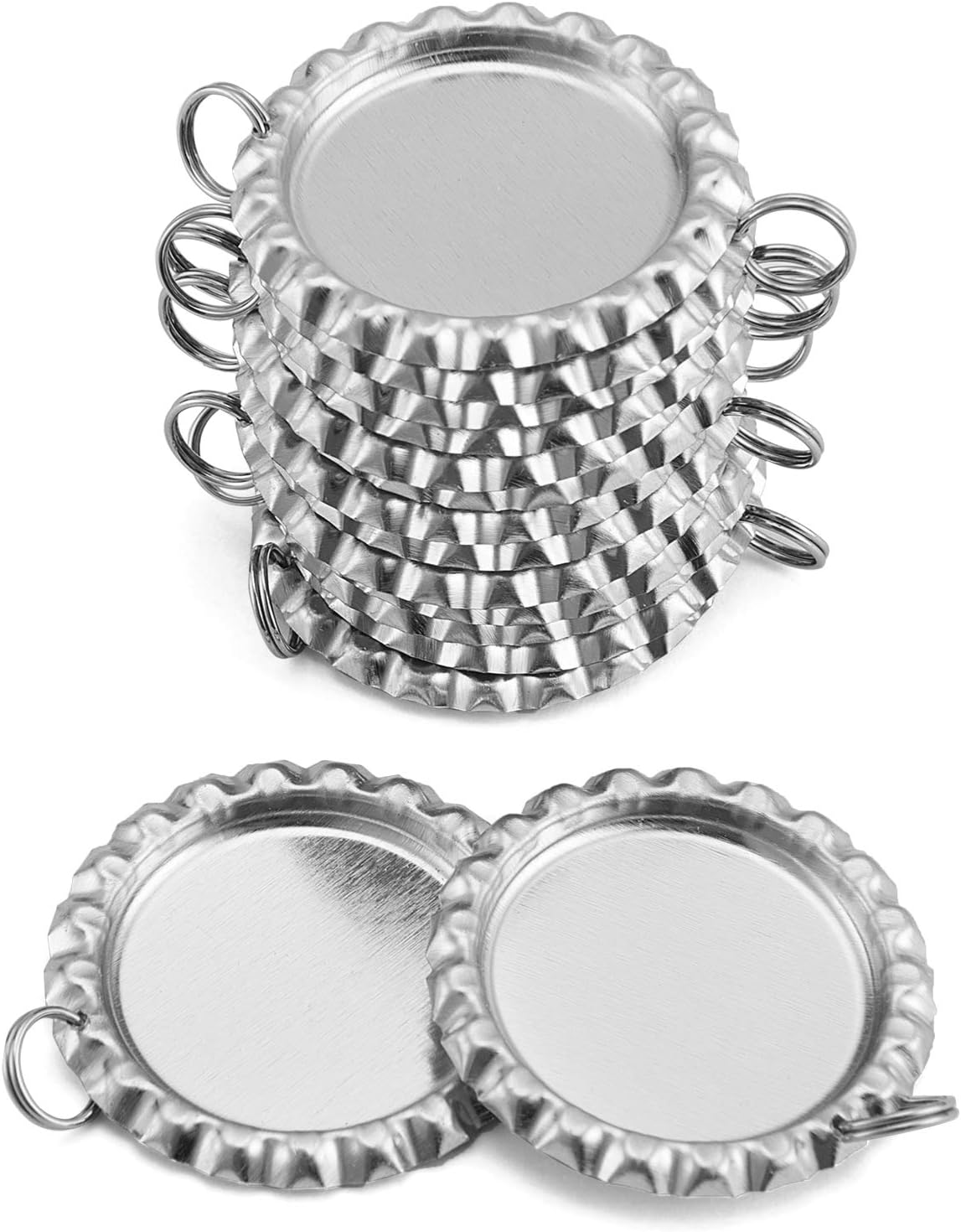 Silver Color Flat Bottle Caps with Holes and Rings – 1 Inch Aluminum Bottle Cap Pendants for DIY Jewelry, Crafts, Keychains – 50 PCS