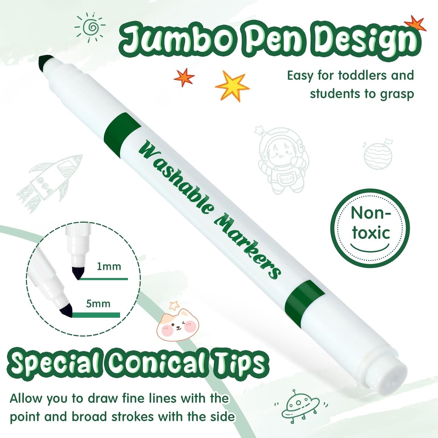 18 Pcs Line Washable Markers Bulk Green Fine Tip Markers Set Coloring Thin Tip Drawing Washable Pen for Kids Art School Classroom Back to School Gender Reveal Party Supplies, Ages 6+