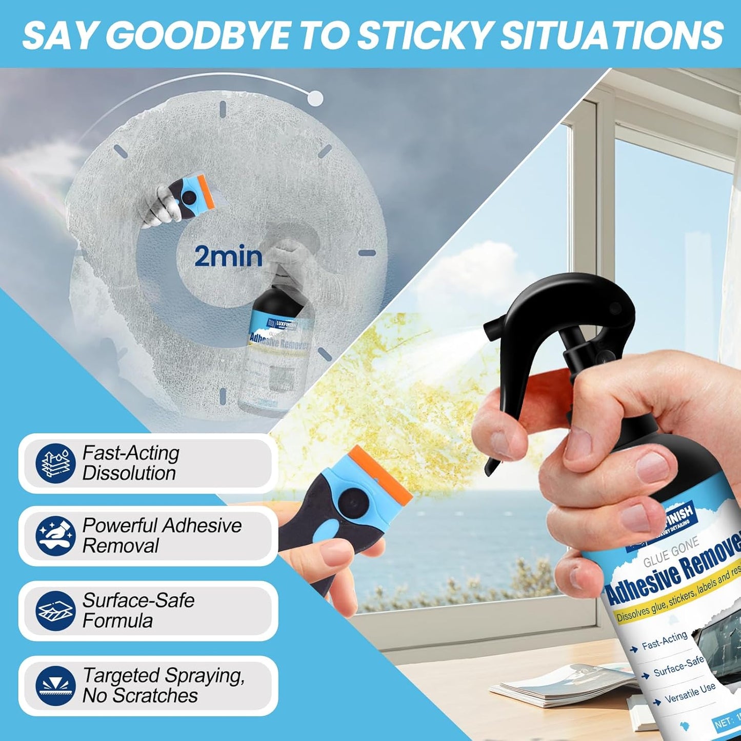 Powerful Adhesive Remover Spray - Safely and Easily Remove Glue Sticker Labels Decals Tape Residue from Car, Glass, Tile - Safe Non-Damaging Multi-Surface Formula with Scraper & Towel - 5oz/150ml