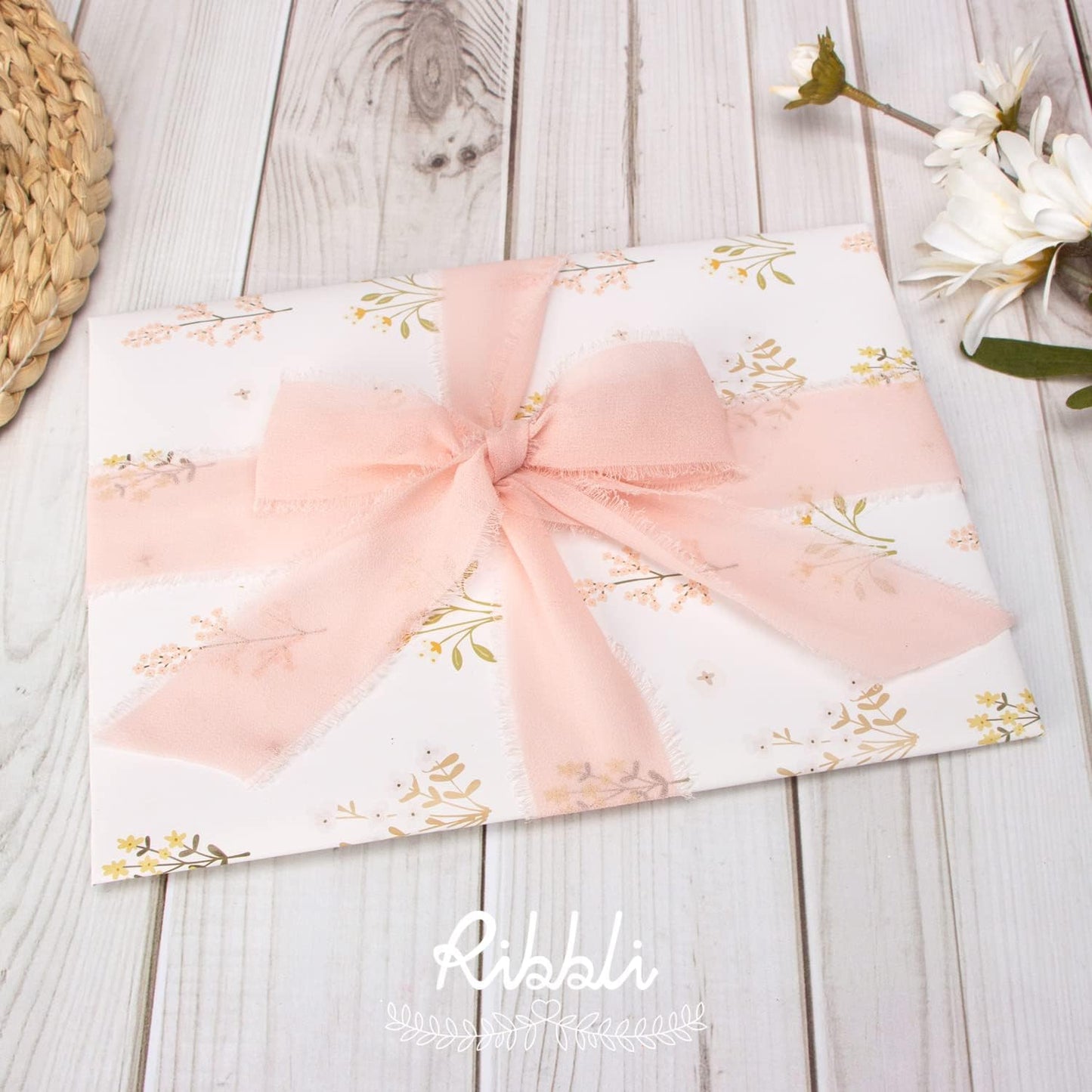 Ribbli Blush Pink Chiffon Ribbon - 1-1/2 inch x 30 Yard Handmade Fringe, Perfect for Wedding Invitations, Bridal Bouquets & Flower Arrangements