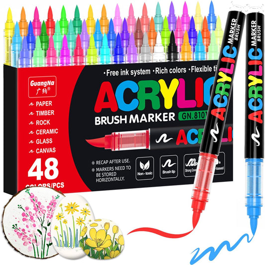 Guangna Acrylic Paint Markers,48 Colors with Direct-Liquid Ink Control System, Professional-Grade Paint Pen for Rock Painting, Canvas, Glass, Plastic, Fabric & Creative Crafts