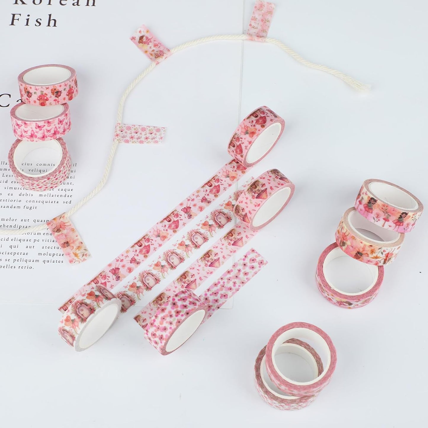 12 Rolls Fairy Washi Tape Set, Fairy Mushroom Butterfly Floral Decorative Tape, Pink Watercolor Masking Tapes for Scrapbooking Journaling Party Supplies, DIY Art Crafts, Gift Wrapping 16.4FT