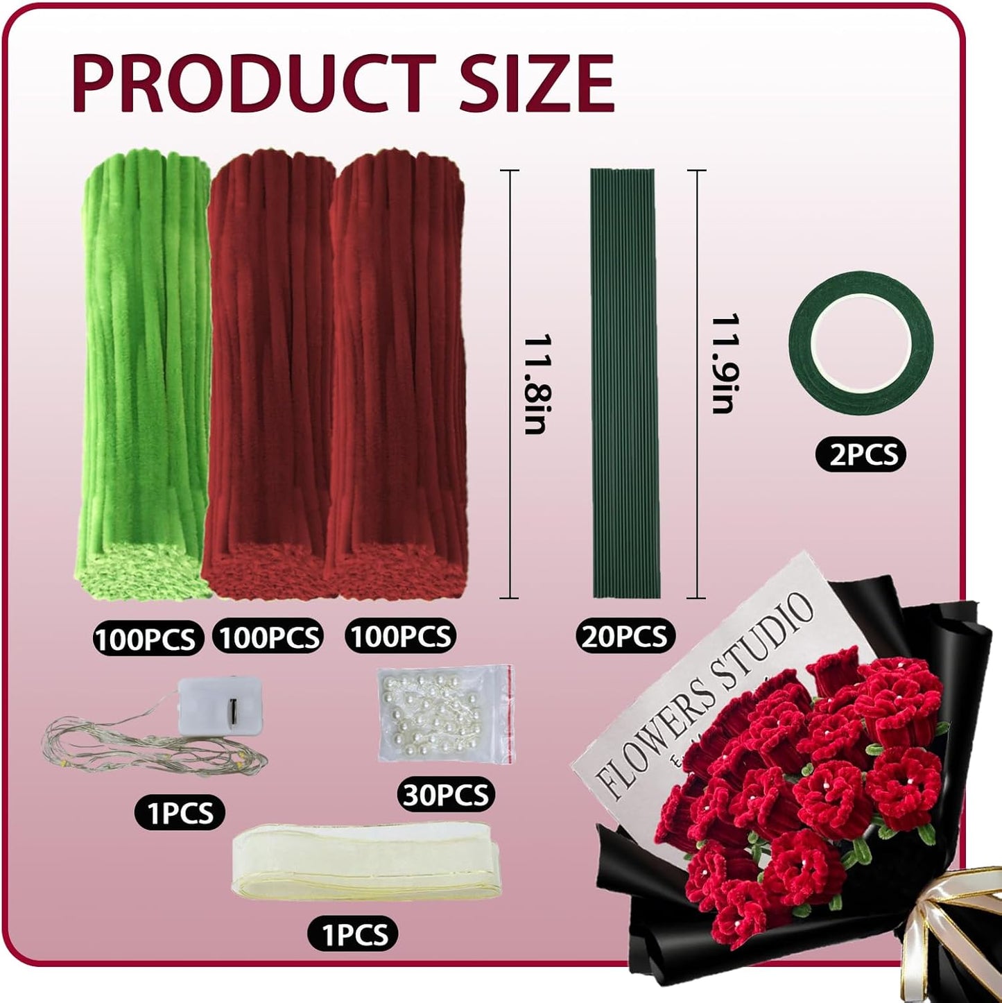 LOLEDE 300Pcs Pipe Cleaners Craft Kit, 2 Colors Chenille Stems for DIY Artificial Flower Making with Floral Wires, Gardening Tape, LED String Lights, Pearl Beads & Ribbon (Rose)