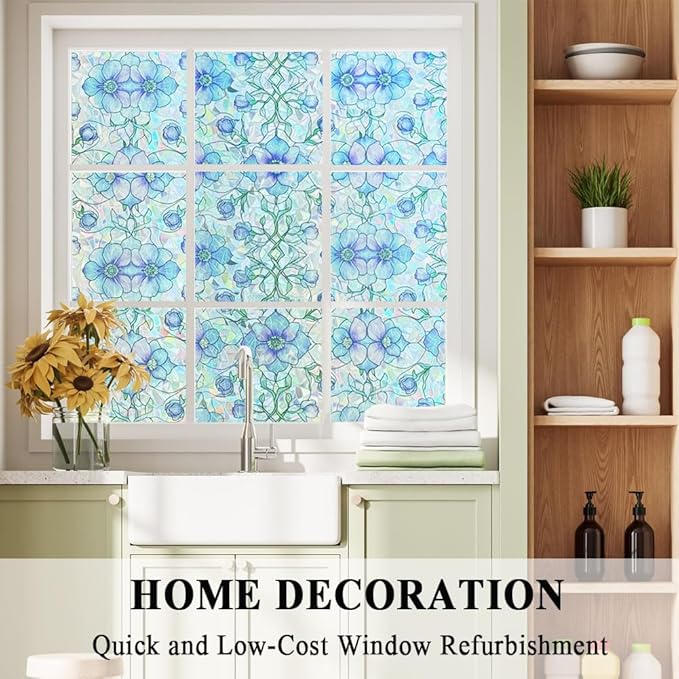 Etched Window Privacy Film Blue Purple Floral Sliding Glass Door Tint No Glue Static Cling Decals 3D Rainbow Decorative Covers Iridescent Anti UV Removal DIY Home Office,17.5X78.7in.