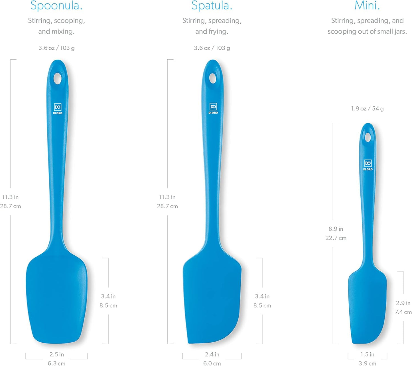 DI ORO Silicone Spatula Set - Rubber Kitchen Spatulas for Baking, Cooking, & Mixing - 600°F Heat-Resistant & BPA Free Silicone Scraper Spatulas for Nonstick Cookware - Dishwasher Safe (3pc, Blue)