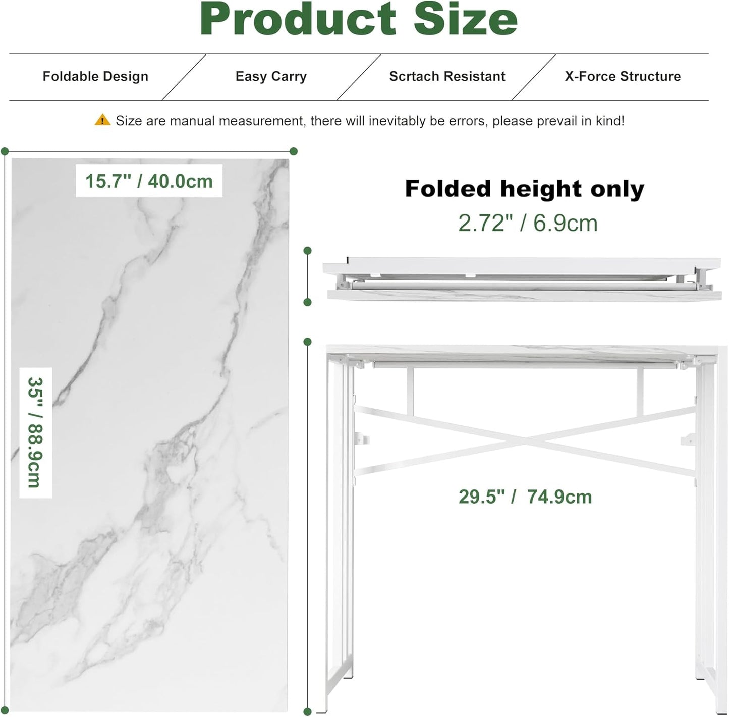 35 inch Folding Small Desk, Writing Gaming Computer Camping Desk for Small Spaces, No Assembly Required Home Office Table, White Marble