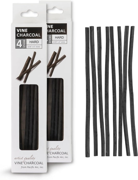 Pacific Arc 2 Pack Artist Vine Charcoal, Medium, Black 4 Charcoal Sticks for Drawing, Sketching, and Fine Art …