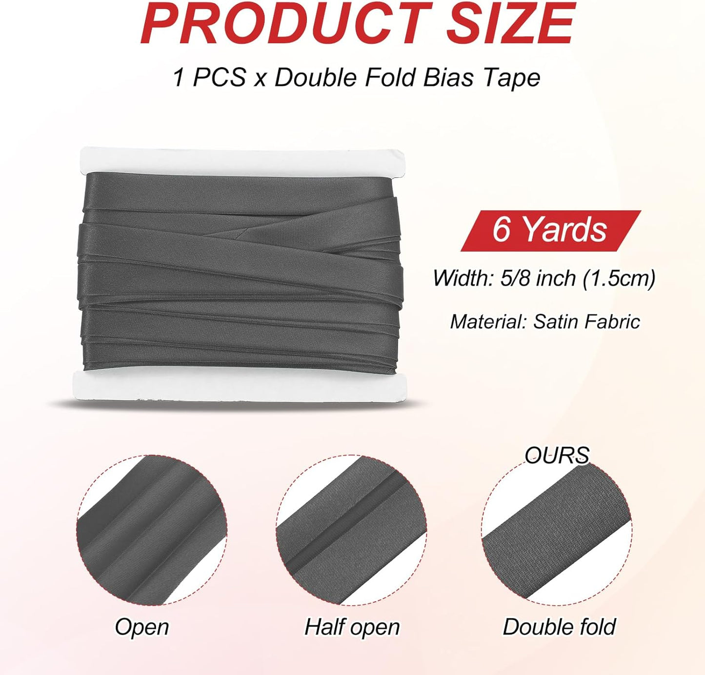 MECCANIXITY Double Fold Bias Tape for Sewing 5/8 Inch x 6 Yards Satin Pre-fold Continuous Binding Tape for Seaming Quilting Hemming Binding DIY Crafts, Dark Gray