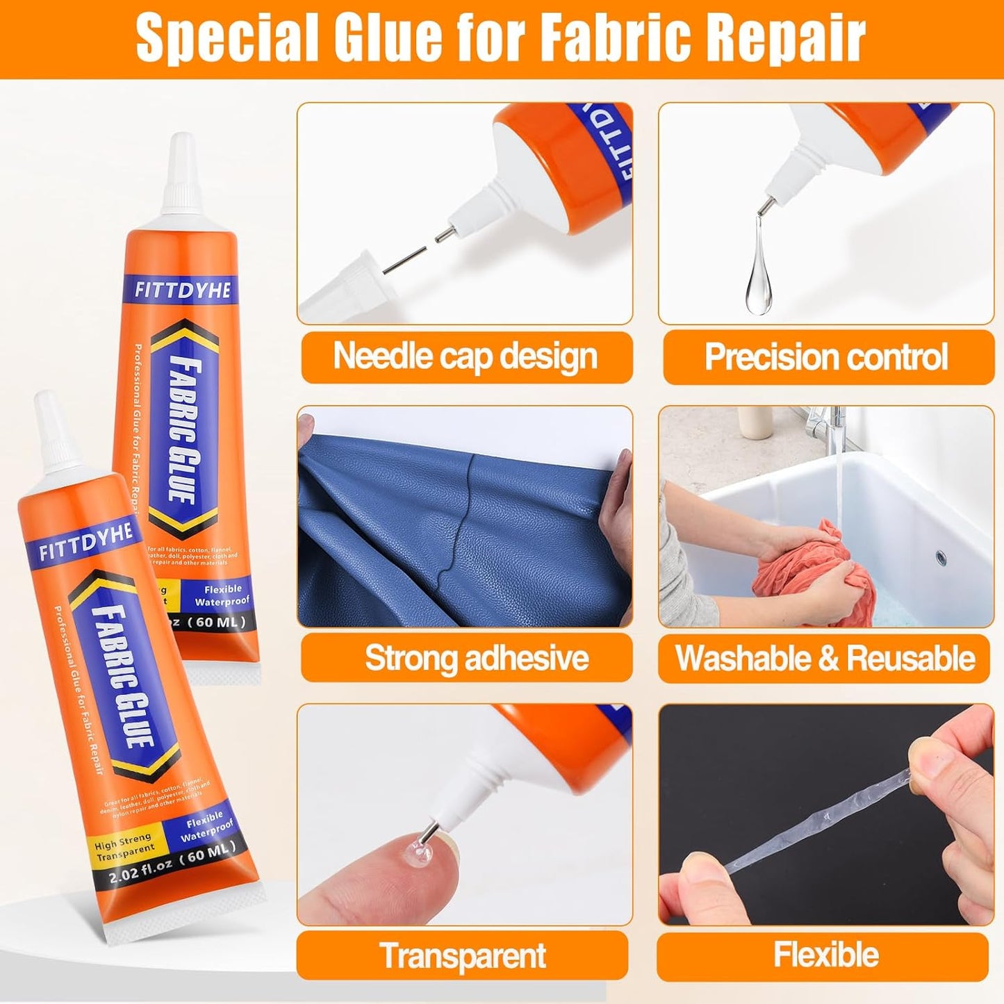 Fabric Glue Permanent, 60 ML Washable Clear Clothing Glue, Super Fabric Adhesive for Rhinestones, Patches, Clothes, Denim, Leather, Polyester, Fabrics, Doll Repair, Flannel, Cotton