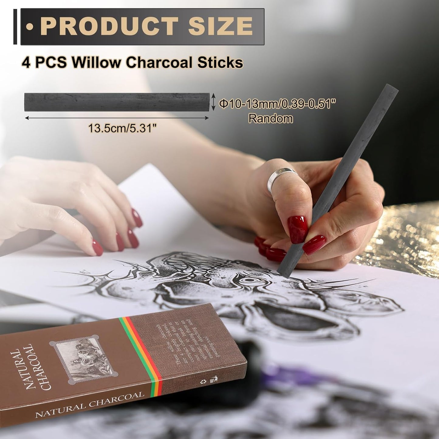 MECCANIXITY Willow Charcoal Sticks, 10-13mm Willow Charcoal Pencils Soft Sketch Vine Art Supplies Set for Drawing Sketching Shading Painting Artists Beginners (Black, Pack of 4)