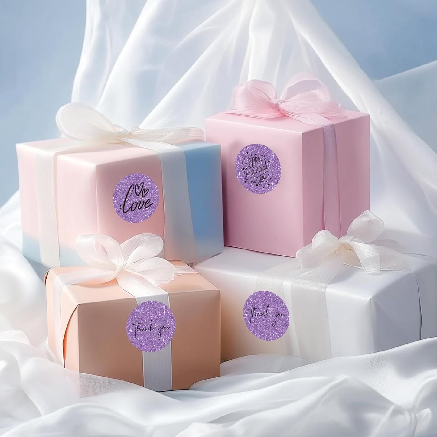 1.5" Holographic Direct Thermal Label Stickers, Round Printable Thermal Printer Sticker Labels for Gift Wrapping, Self-Adhesive- Glitter Purple