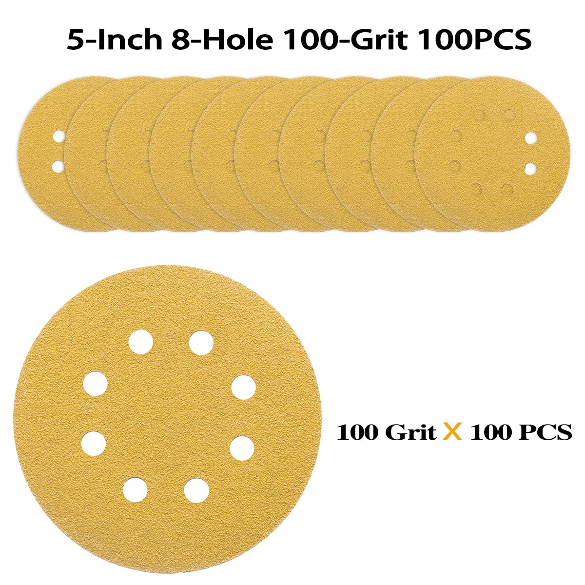 100PCS 5 Inch 8 Hole Sanding Discs 100 Grit,Gold Round Hook and Loop Sandpaper for Random Orbital Sander