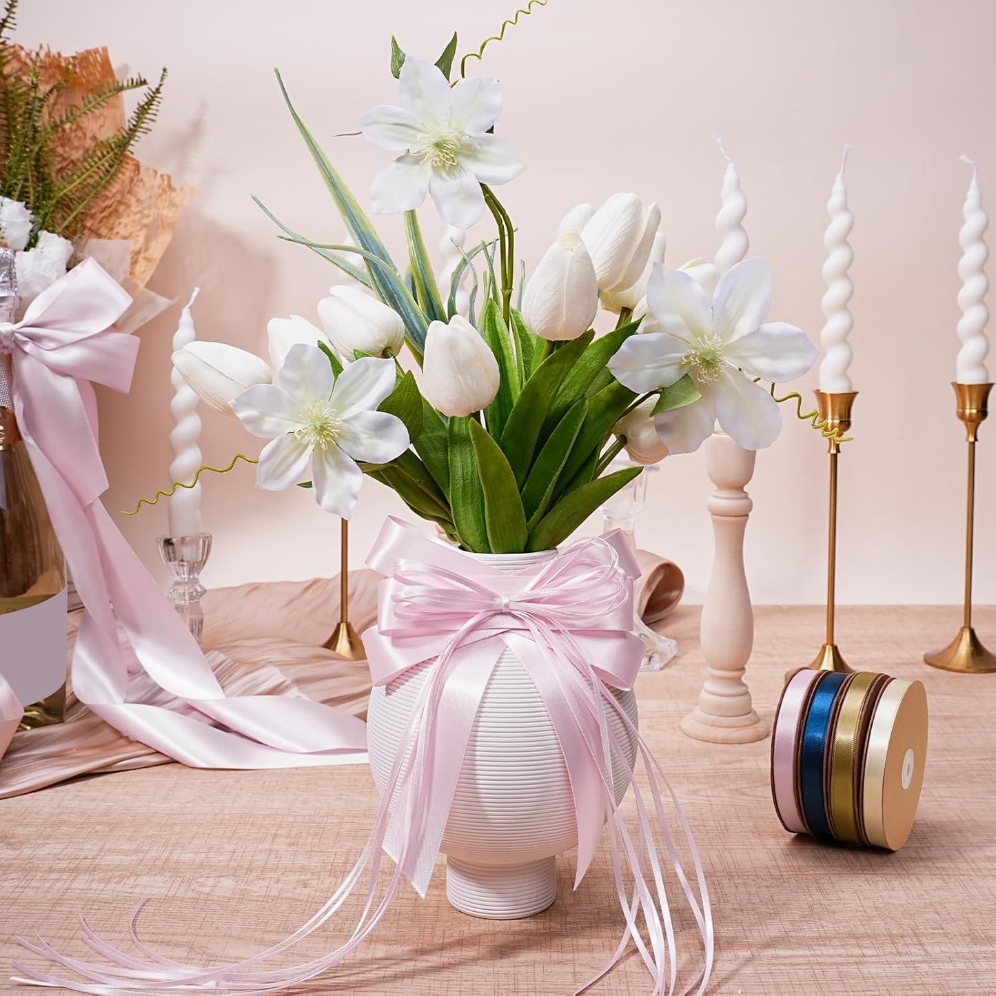 LaRibbons Light Pink Satin Ribbon 1/8 Inch 100 Yards Thin Luxury Double Faced Pink Silk Ribbon for Gift Wrapping Flower Bouquet Crafts Wedding BabyShower Decoration