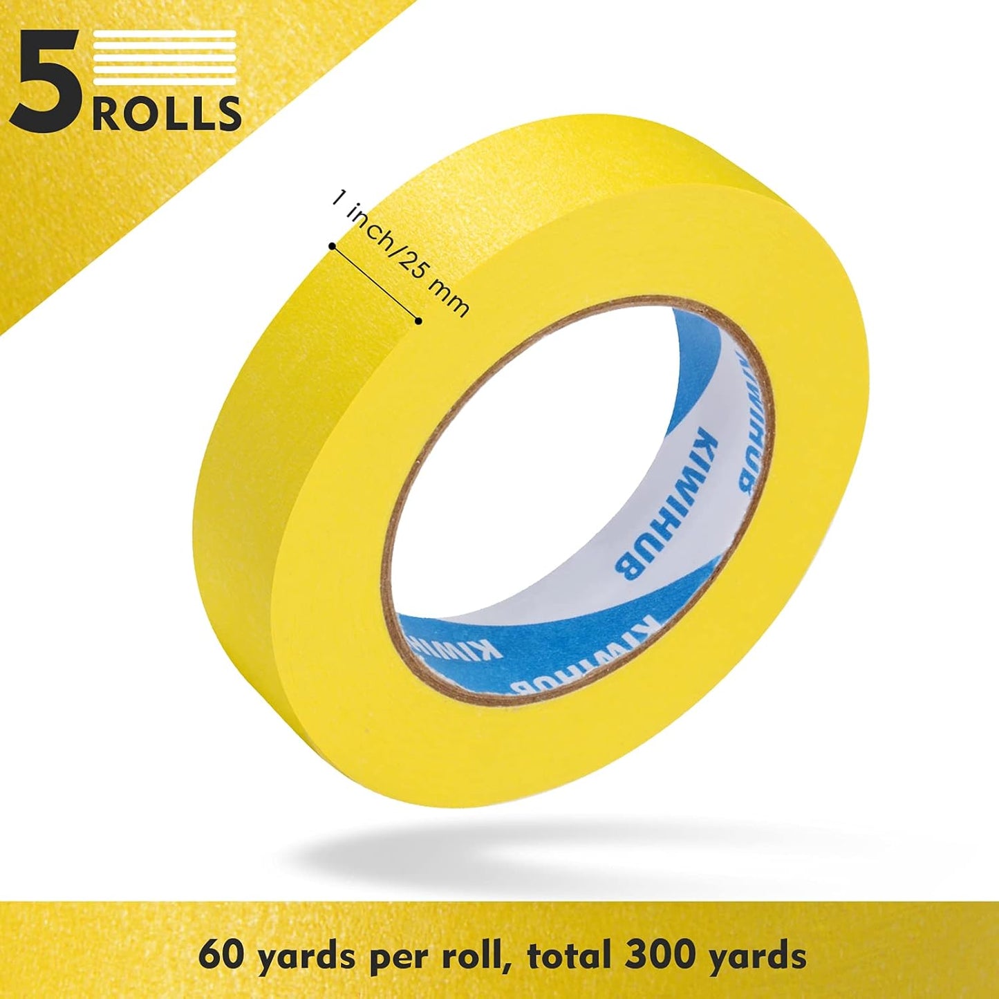 Yellow Painters Tape,1" x 60 Yards x 5 Rolls (300 Yards Total) - Medium Adhesive Masking Tape for Painting,Labeling,DIY Crafting,Decoration and School Projects