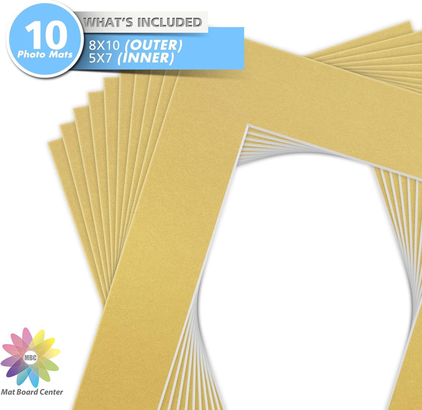 Mat Board Center, Pack of 10, 8x10 for 5x7 Old Gold Color Mats - Bevel Cut, Acid Free, 4-ply Thickness, White Core - for Pictures, Photos, Framing