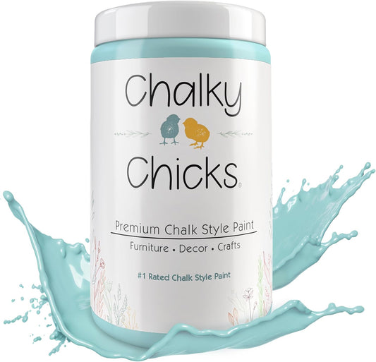 Chalky Chicks All-in-One Chalk Paint for Furniture or Cabinet - 32 Fl Oz - Matte Finish Rain Drop (Light Blue) for Metal, Wood Furniture Paint - No Sanding All-in-One for Home Decor & Crafts, USA Made