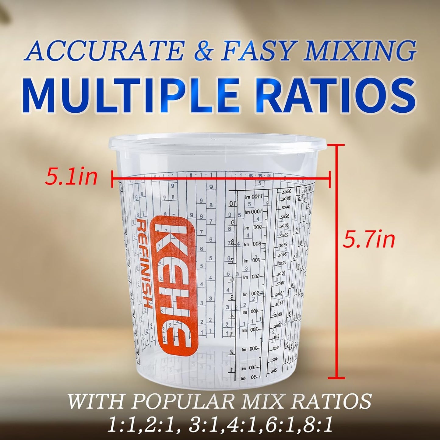 15 PACK Paint Mixing Cups by KEHE REFINISH,38 oz (1100ml),Disposable or Reusable Plastic Measuring Cups with Lids for Liquids, Paints, Resin, Epoxy, Art,Ratios 1:1,2:1, 3:1, 4:1,5:1,6:1,7:1,8:1