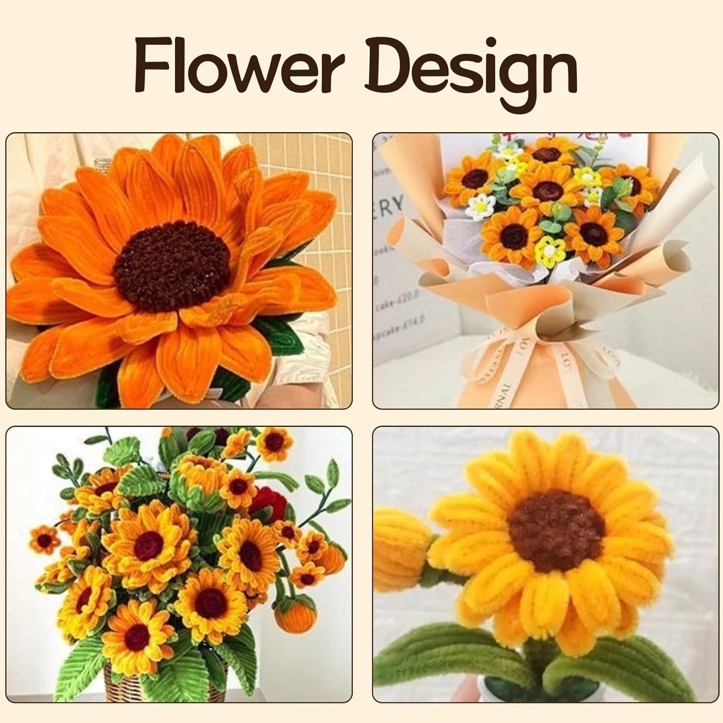 500 Pcs Pipe Cleaners Craft，5 Colors Pipe Cleaners Bulk,Chenille Stems Flowers Craft kit for DIY Handmade Bouquet Wrapping Party Decorations whit Ribbons，Stems,Tape，Stamens, Glue Sticks (Sunflower)