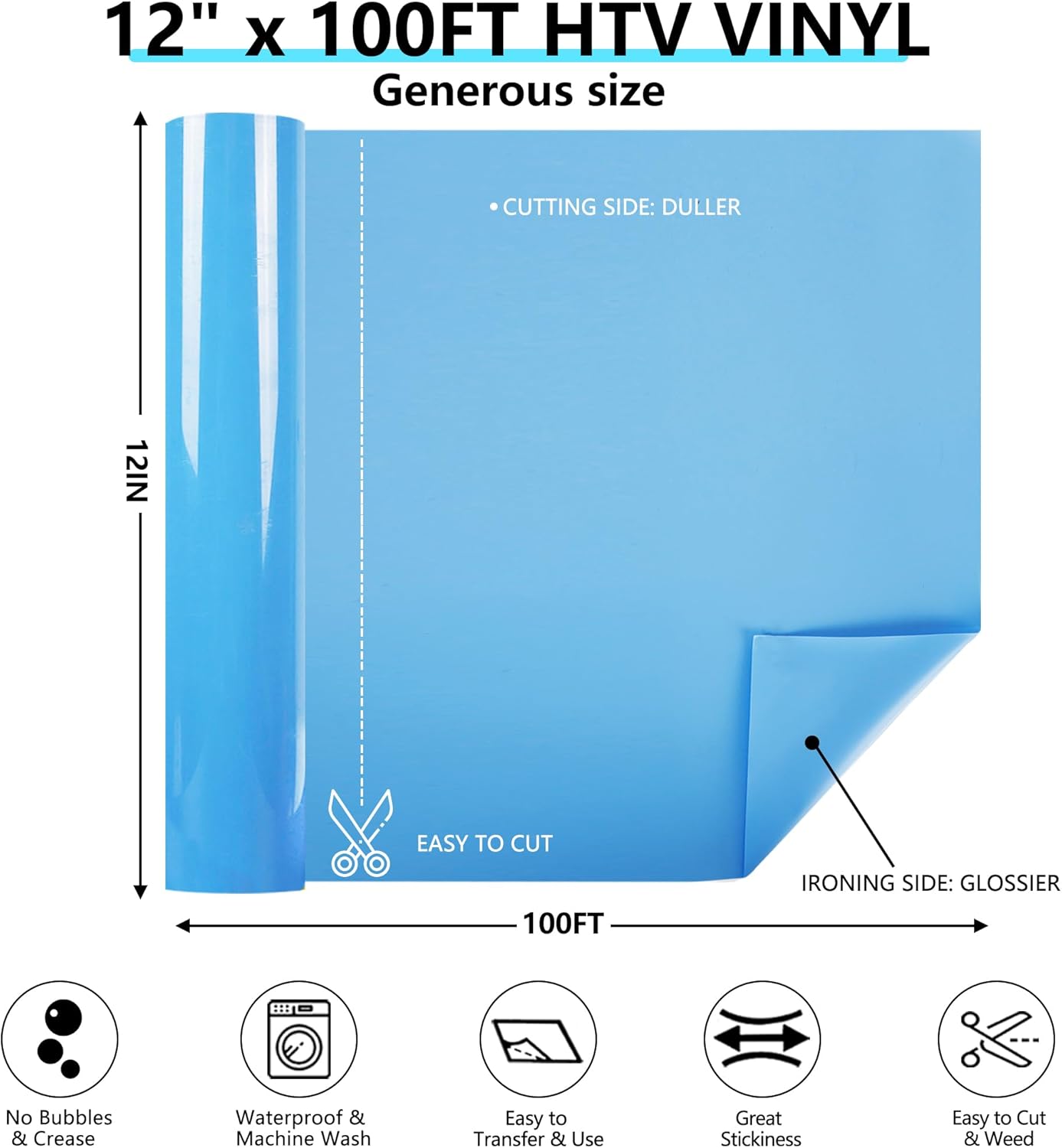 Guangyintong Sky Blue HTV Heat Transfer Vinyl Rolls, 12" X 100ft Iron on Vinyl PVC Adhesive for T-Shirt, Easy to Cut & Weed for DIY Design