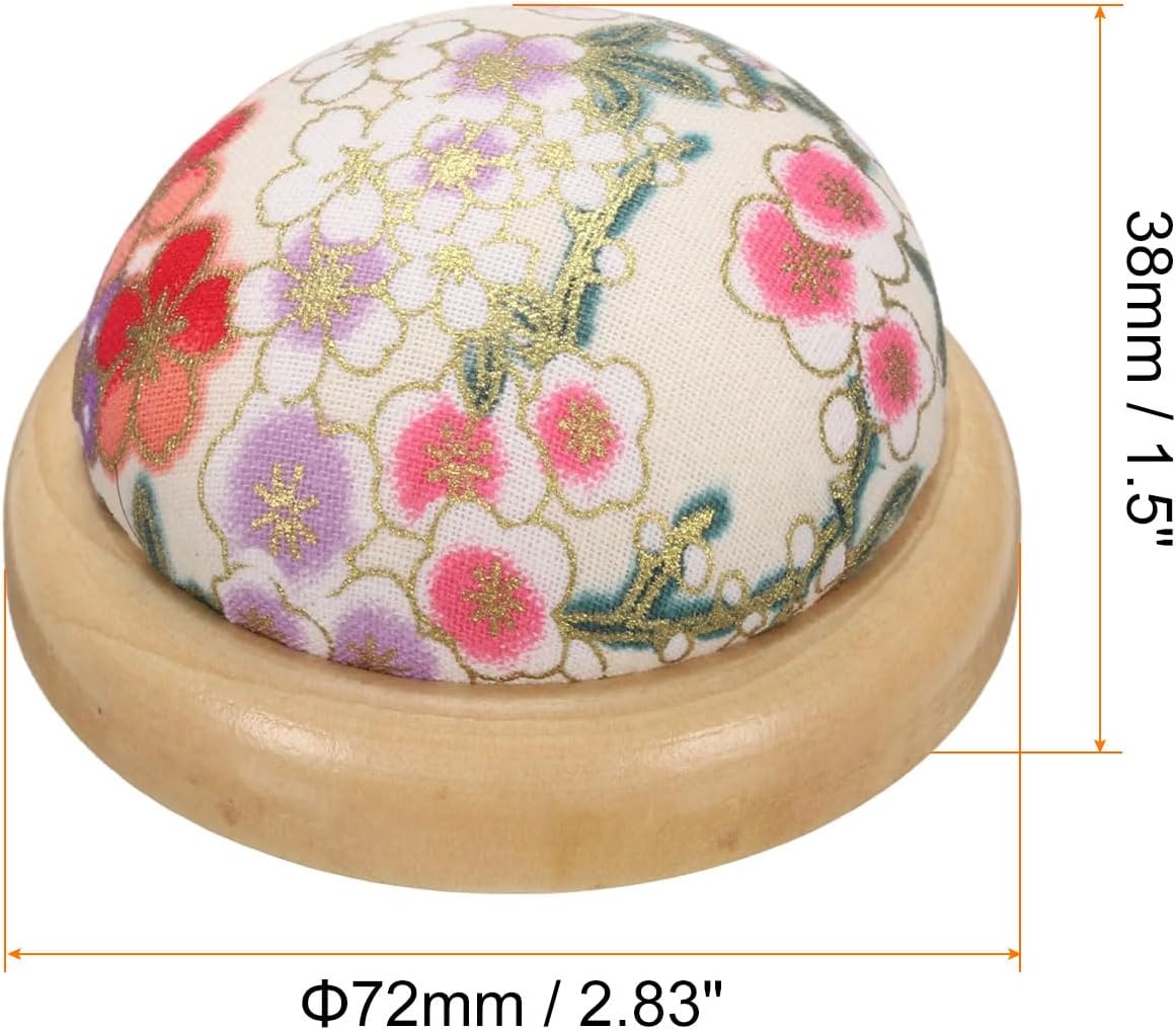 HARFINGTON Pin Cushion Wooden Base Japanese Style Round Pincushion Needle Holder for Sewing Quilting Needlework DIY Crafts, White Floral Style