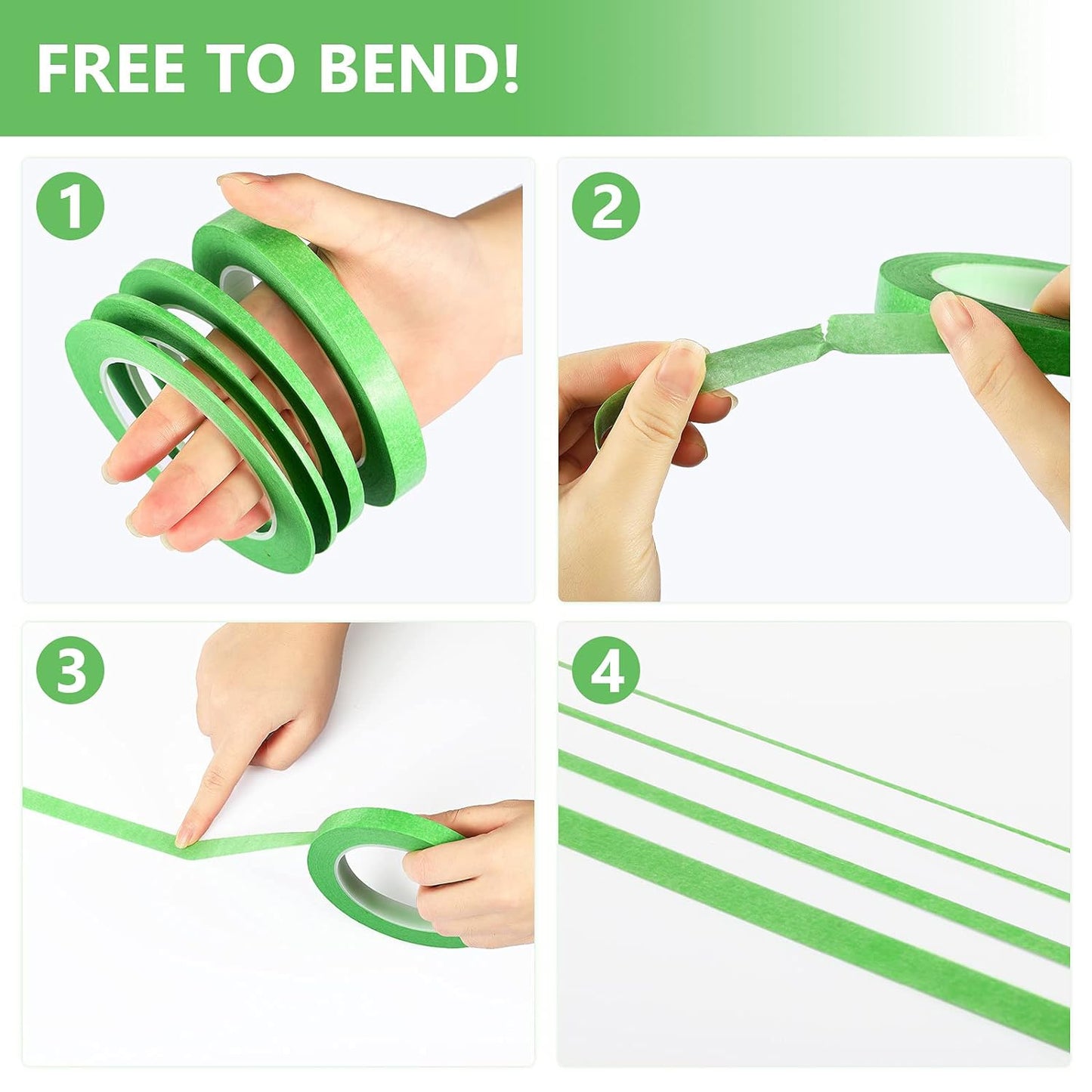 Epakh 4 Rolls Pinstripe Tape, Masking Tape in 1/16, 1/8, 1/4 and 1/2 Inch Wide, for Painters Automotive DIY Car Auto Paint Art(Green,52 yd)