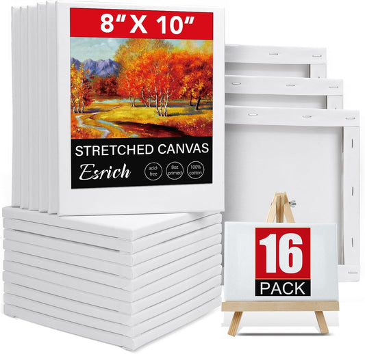 ESRICH Canvas for Painting 8x10, 16 Pack Stretched Canvas, Primed Acid-Free Cotton Paint Canvas Bulk, White Blank Canvases for Painting for Oil & Acrylic Paint.