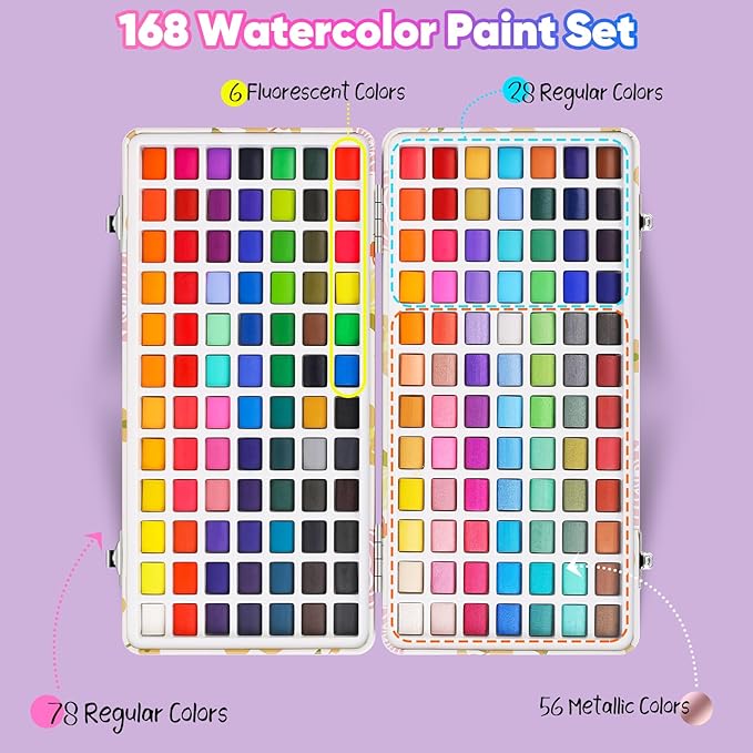 Taotree Watercolor Paint Set 168 Colors, Art Supplies Watercolors Kit Travel Water Colors with 3 Paints Brushes, Crafts Painting Supplies, Drawing Christmas Gifts for Adults Artist Drawing, Painting