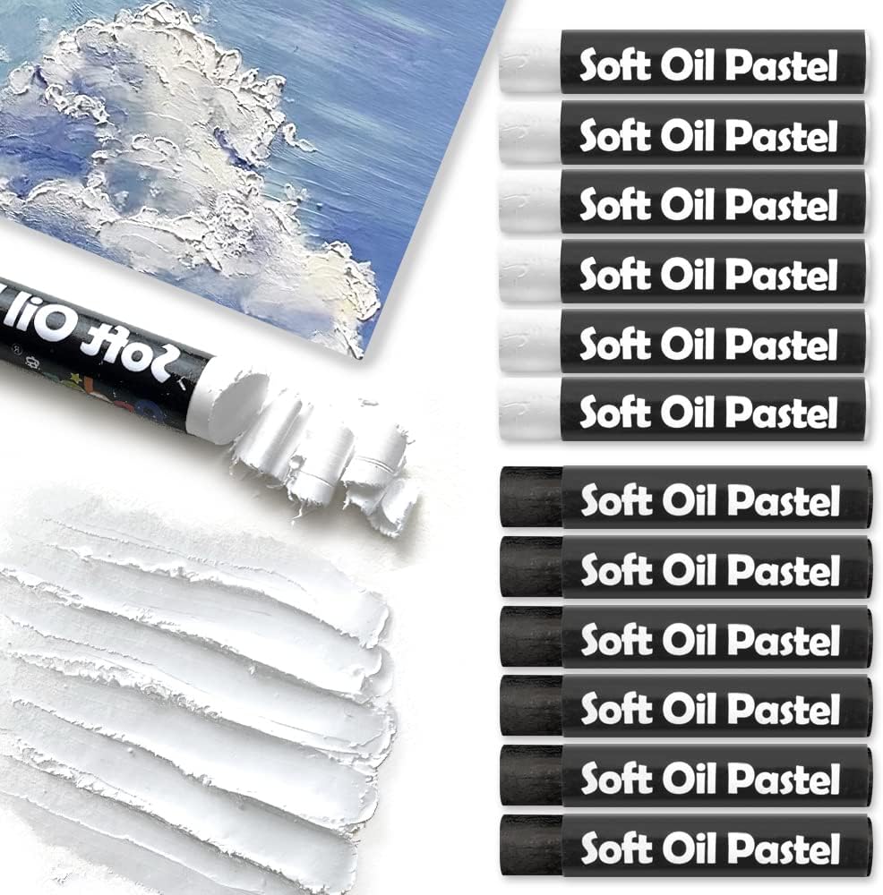 12 Pcs Monochrome Artists Grade Soft Oil Pastels Vibrant and Creamy Colored Chalk Pastels Art Supplies Set for Professionals Painting Drawing White Black 01