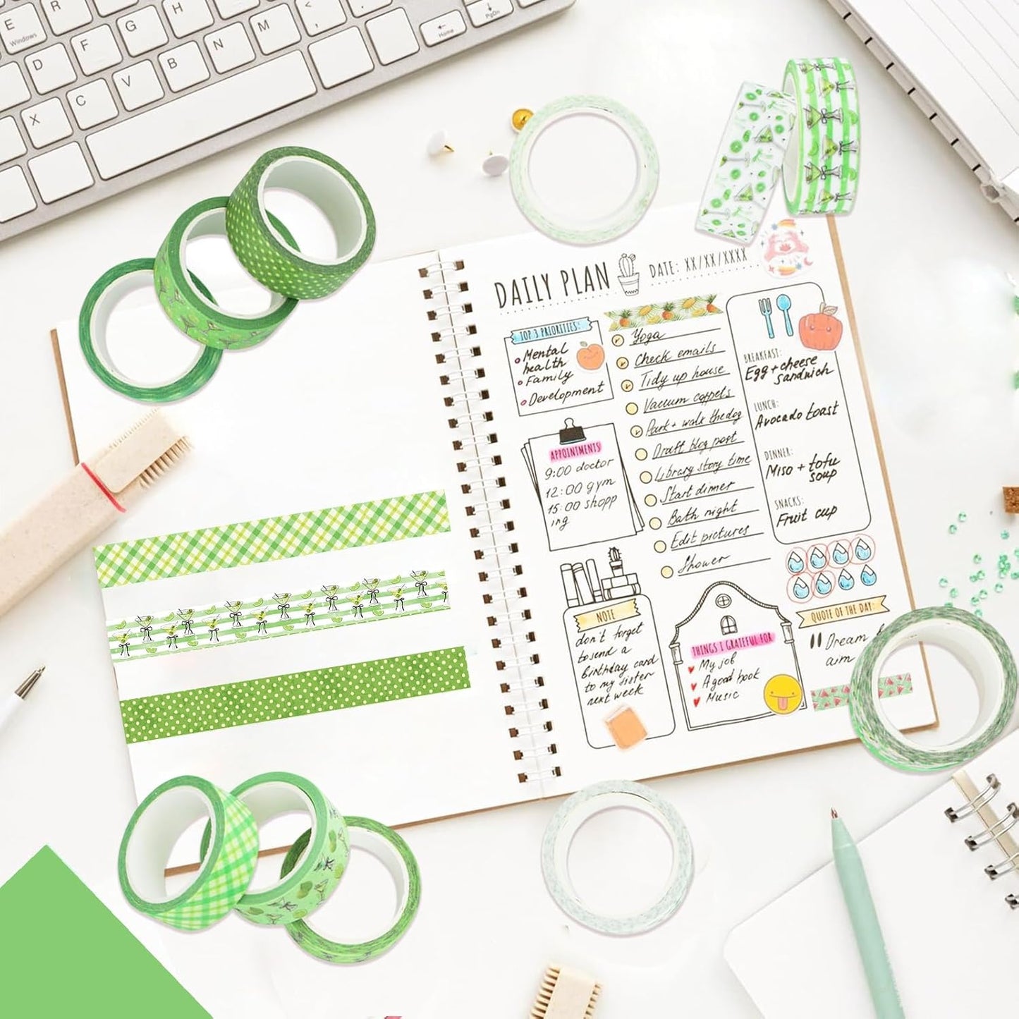 12 Rolls Greenery Washi Tape, Martini Bow Lemon Masking Tape, Checkered Martini Glass Decorative Sticker for Summer Party Afternoon Tea Scrapbook Journal DIY Craft Gift Wraps 16.4FT