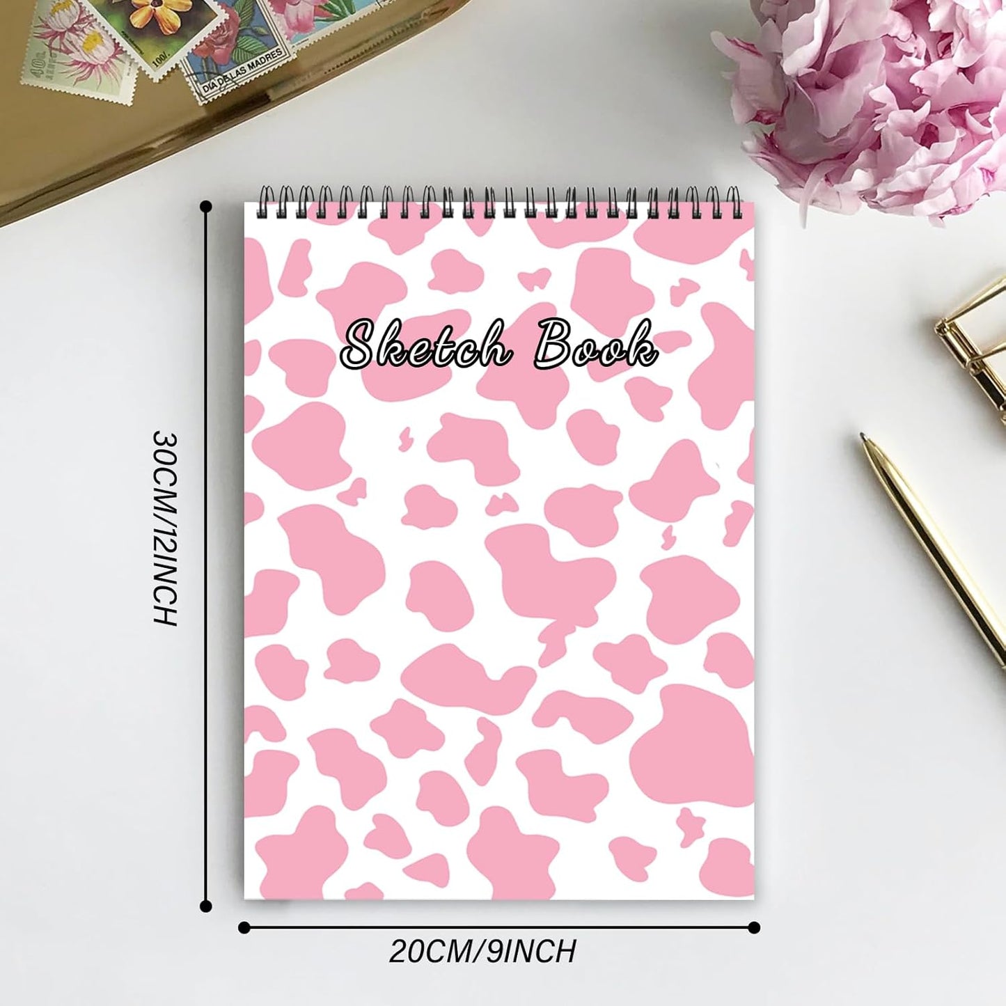 Deokke Sketchbook Top Spiral Bound Sketch Pad, 9 x 12 inch,100GSM Thick Paper,50 Sheets 100 Pages,Art Sketch Book Aesthetic Cute Drawing Writing Paper,for Girls Women-Pink Cow Pattern Western
