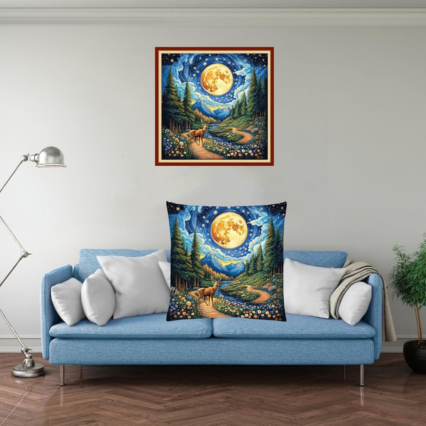 Fanxvivy Stamped Cross Stitch Kits for Adults Beginners Pillow Needlepoint Kit with Embroidery Pattern Needlework Kit Prestamped Stitches Kit 11CT Cross Stitching-Deer Under Starry Sky 18x18 inch