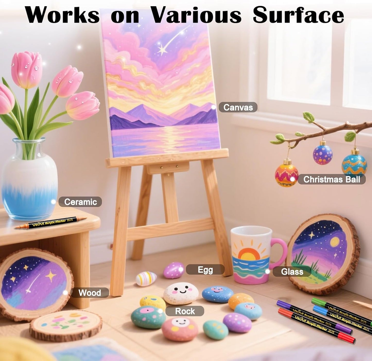 VOKART 60 Colors Acrylic Paint Markers - 30 Dual Brush Tip Paint Pens Including 2 Metallic Colors for Rock, Canvas, Fabric, Wood, Glass, Ceramic - Art Supplies for Artists, Kids, DIY & Holiday Decor