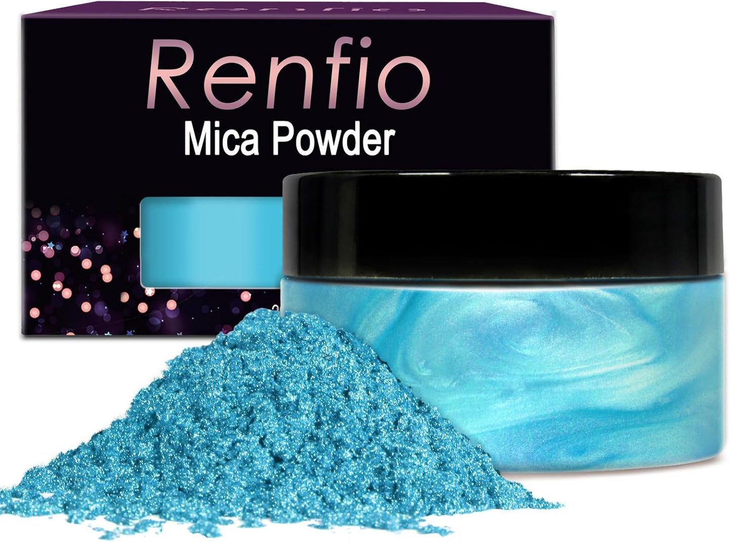 Renfio 100g Mica Powder Pigment, Metallic Natural Dye Mineral Pearl Shimmer Epoxy Resin Dye for Painting Soap Making Slime Bath Bombs 3.5 Oz - Sky Blue
