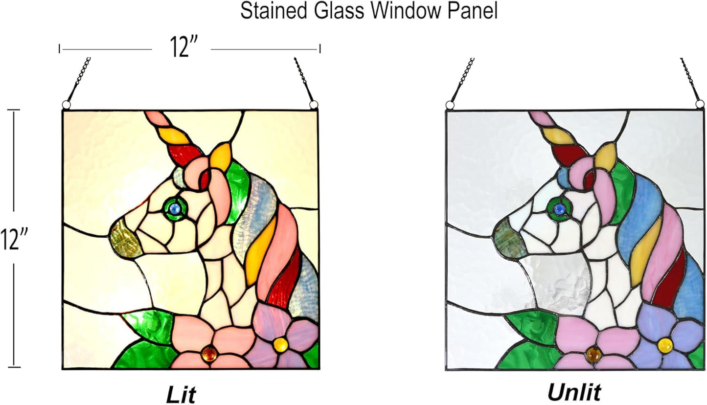 PA0003 Stained Glass Window Panel 12" Wx12 H Window Suncatcher Tiffany Style Window Hanging, Unicorn Home Hanging Decorations for Girls Kids Bedroom Birthday Party Decoration