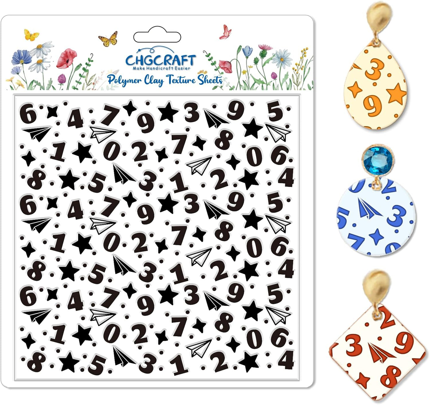CHGCRAFT Numbers Pattern Polymer Clay Texture Sheet Stars and Paper Airplanes Silicone Texture Mat for Polymer Clay Making Earrings Jewelry DIY Crafts 5.5 × 5.5 Inch