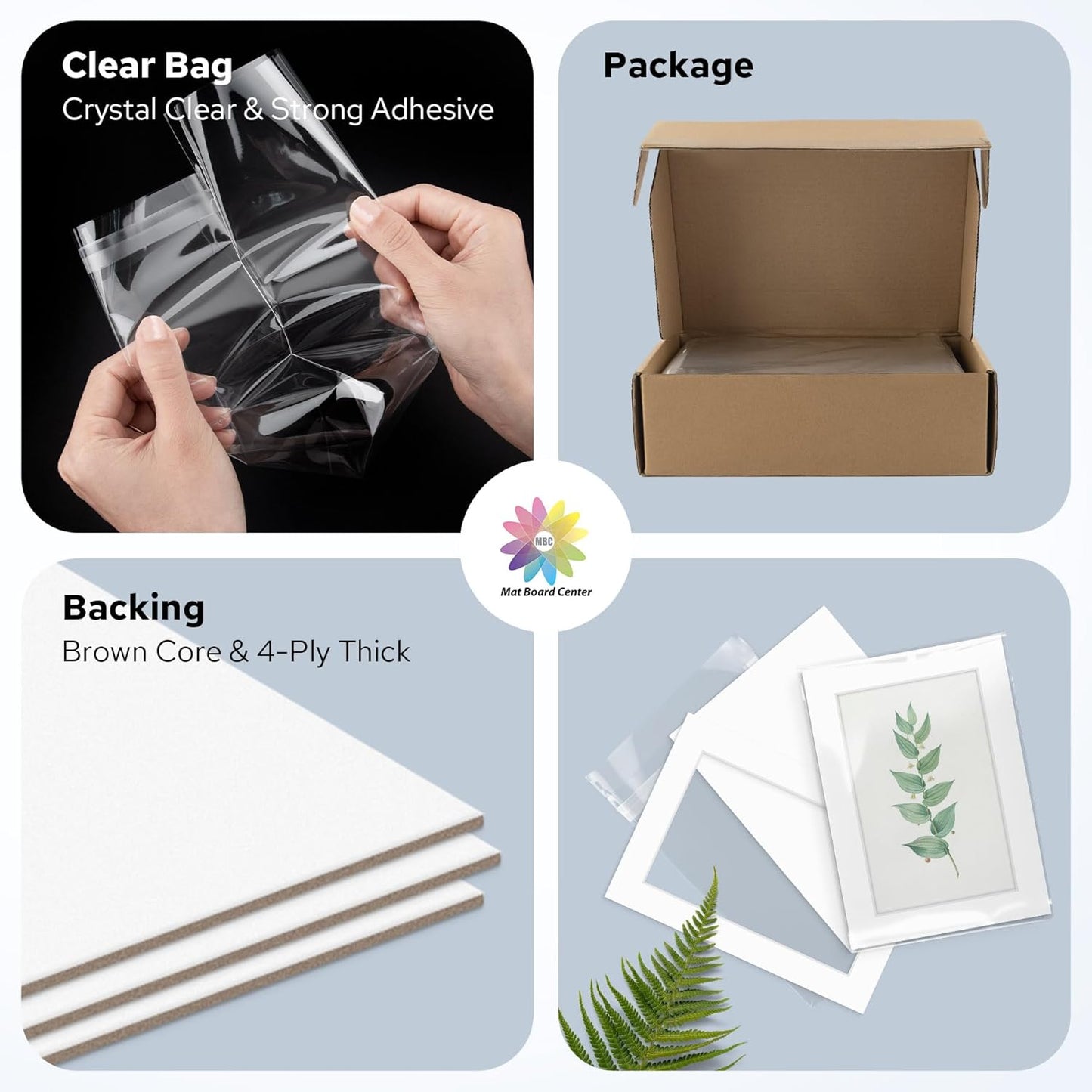 Mat Board Center, Pack of 25, 5x7 for 4x6 White Mat Kit - Acid Free, 4-ply Thickness, White Core - Includes Backing Boards and Clear Bags - for Pictures, Photos, Framing