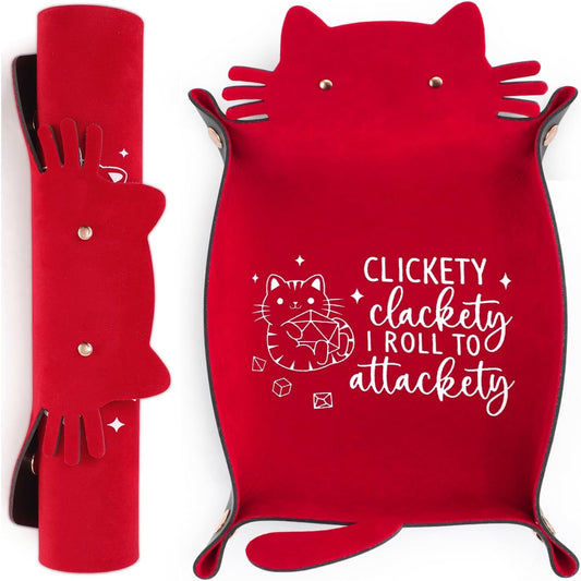 Red Cats Dice Tray Novelty Cat PU Leather Rolling Dice Tray Portable Dice Holder Cute Cat Desk Organizer Funny Gift for RPG, DND Game Players