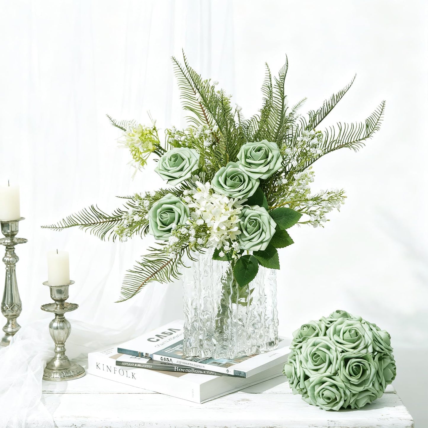 Artificial Flowers Foam Fake Roses 25pcs Green Roses with Stems for Home Decor DIY Wedding Bouquets Party Bridal Shower Centerpieces Faux Flower Arrangements Tables Decorations