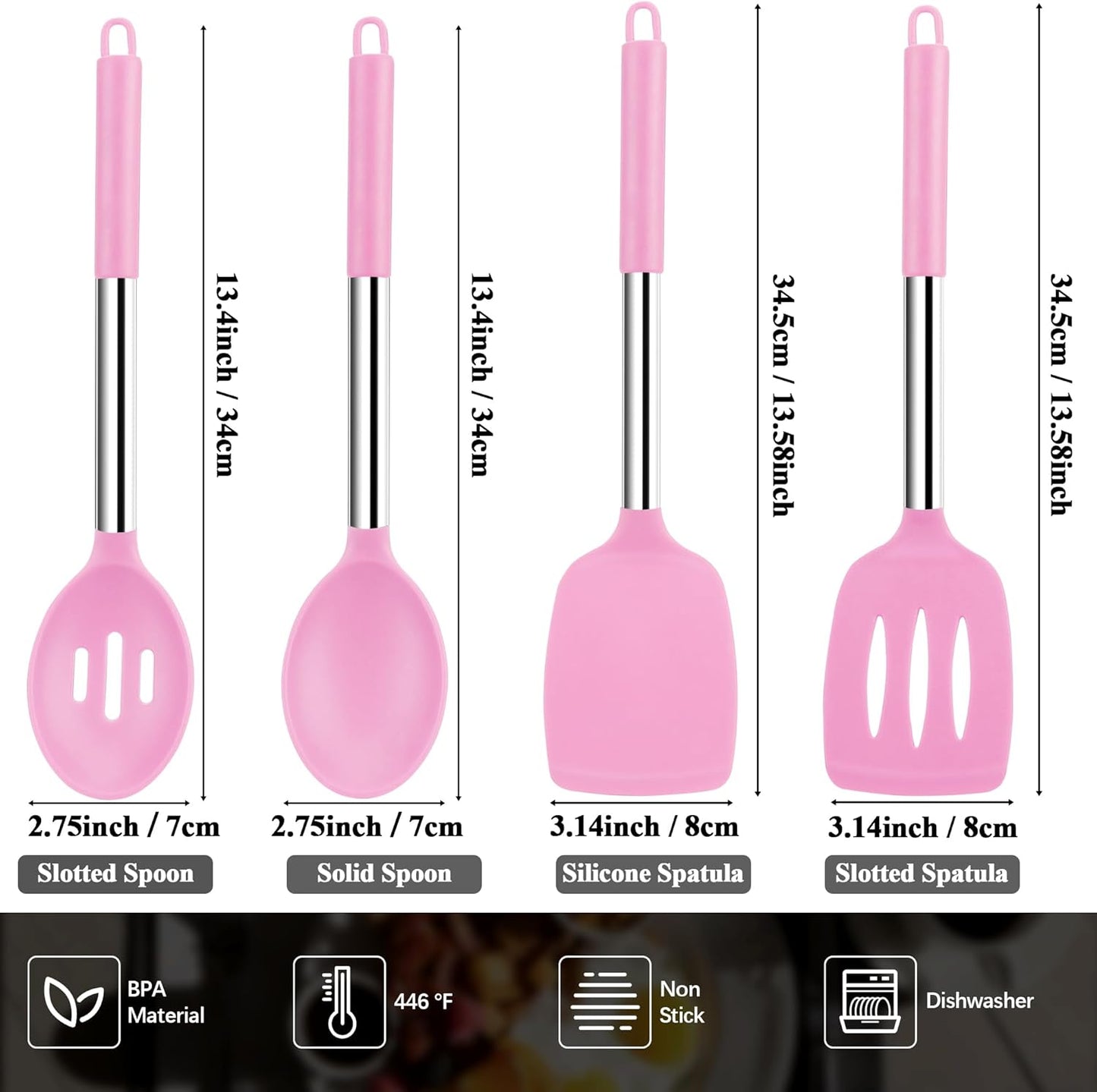 Silicone Spatula Spoon Set, 4 PCS Silicone Cooking Utensils Spatula Spoon Set with Stainless Steel Handle, BPA Free Kitchen Turners for Frying, Mixing, Serving, Draining, Turning, Stirring, Pink