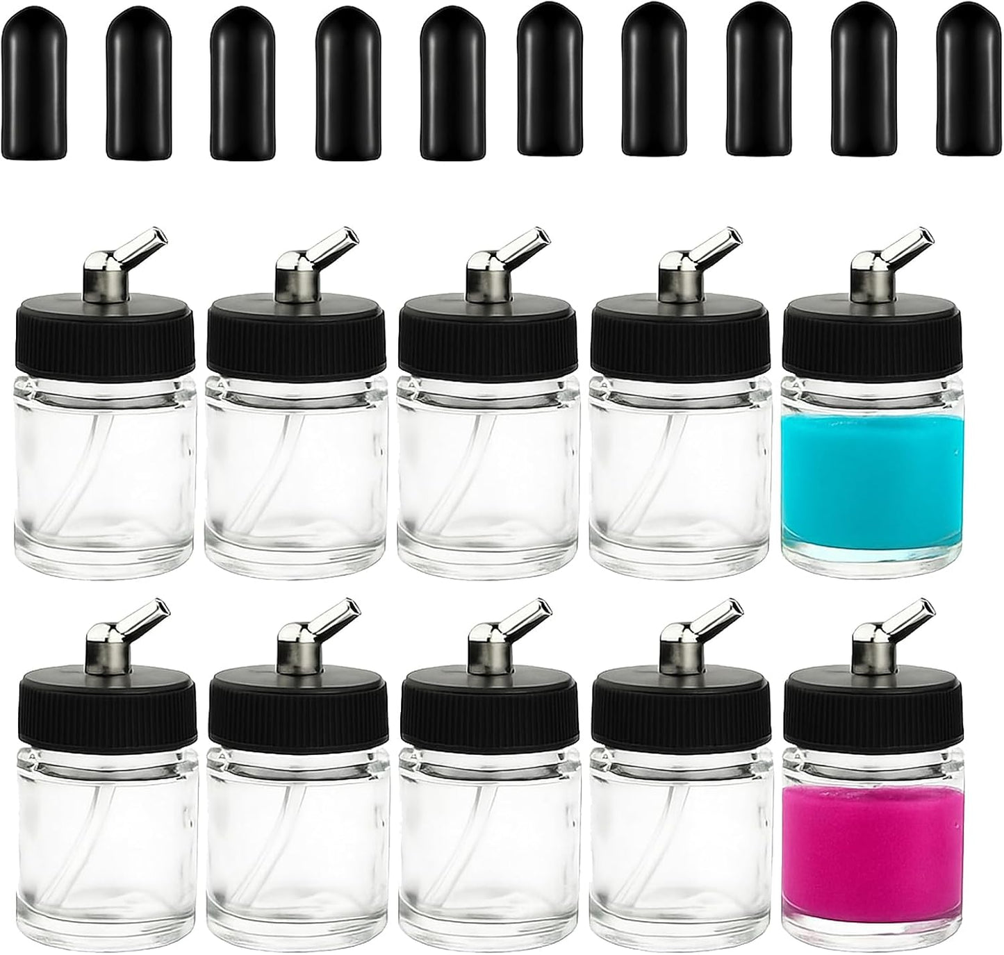 10PCS 22CC Airbrush Glass Bottles with Jar Caps Airbrush jar with 10pcs Adapter Cap Covers Set with 60° Down Angle Adaptor Lid Assembly for Master, Iwata Single Action Airbrush