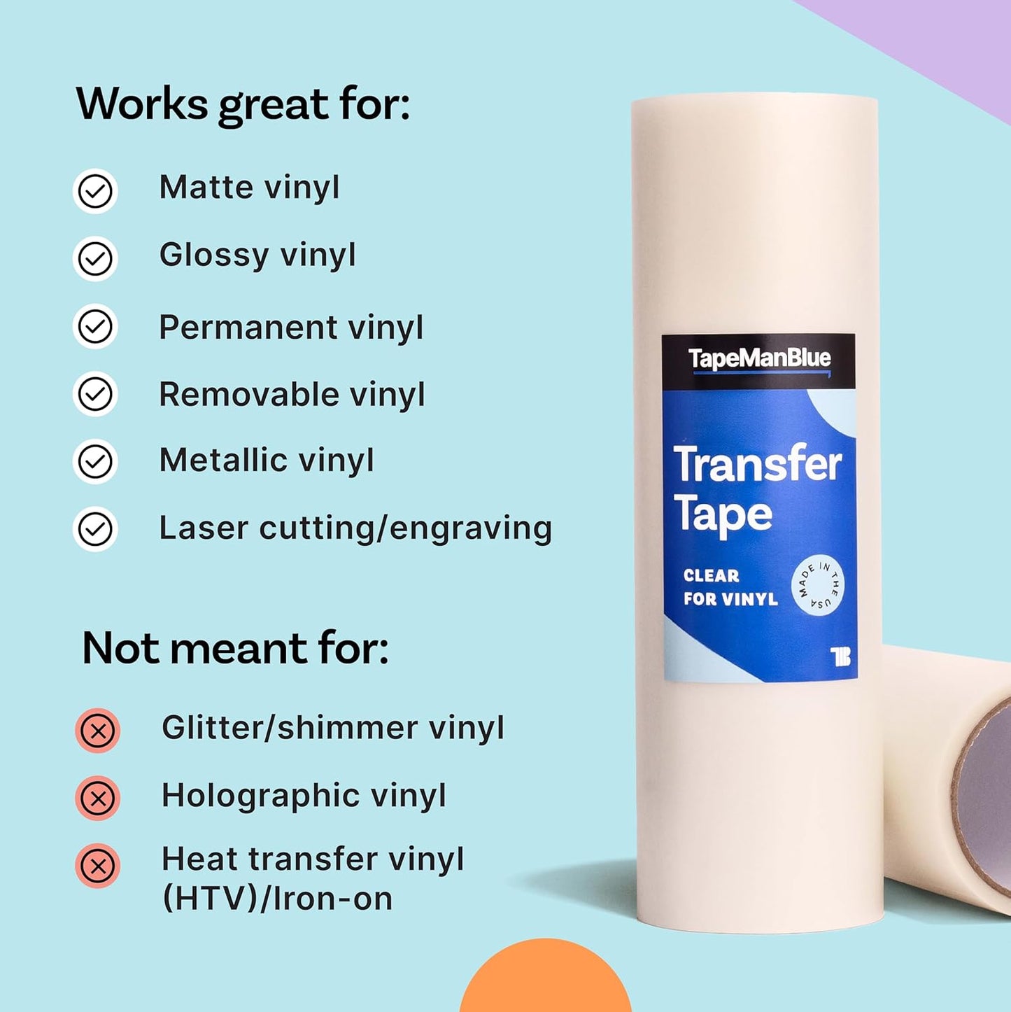 TapeManBlue Clear Transfer Tape for Vinyl, 12" x 50' Roll, Made in America, Premium Vinyl Transfer Tape for Crafts, Decals, and Letters