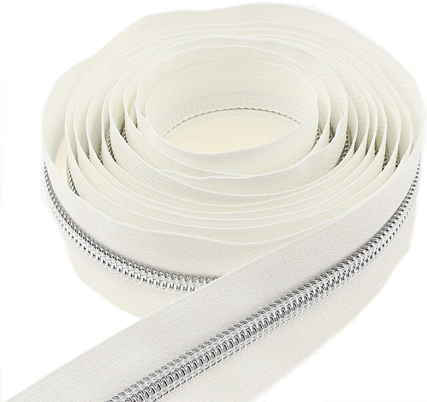 Leekayer #5 Silver Metallic Nylon Coil Zippers by The Yard Bulk 10 Yards White Tape with 25pcs Silver Sliders for DIY Sewing Tailor Craft Bag(White)