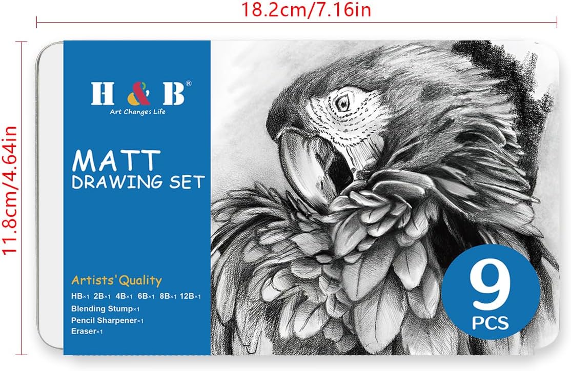 H & B Profession Sketch Pencils 9-Piece, Matte Sketch pencils, Sketch Pencil Set for Drawing, Shading, and Sketching for Beginners, Artists and professional artists