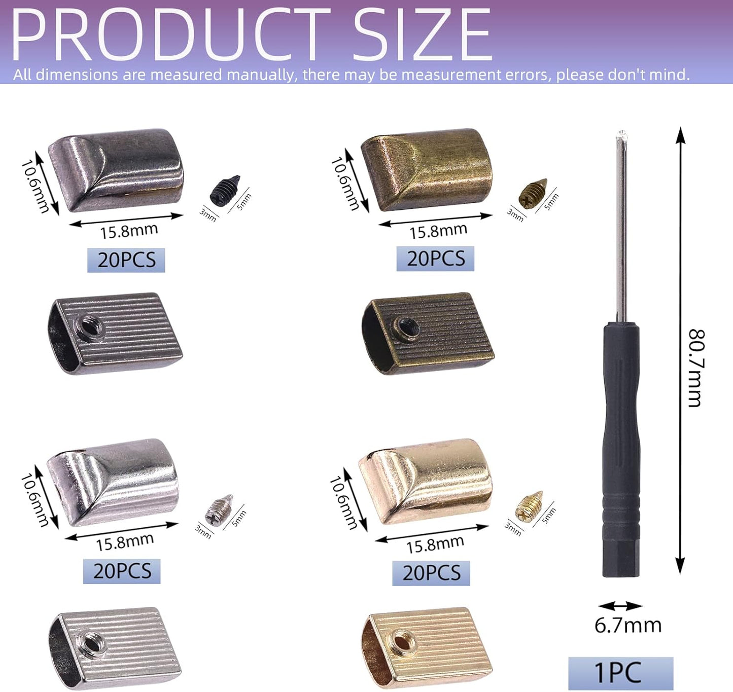 Swpeet 80 Sets 4 Colors Alloy Rectangle Metal Zipper Stopper and Screw Bottom Repair Replacement with Screwdrive Assortment Kit, Zipper Ends Pull Top Stoppers Tail Clip Repair Pull End Tips