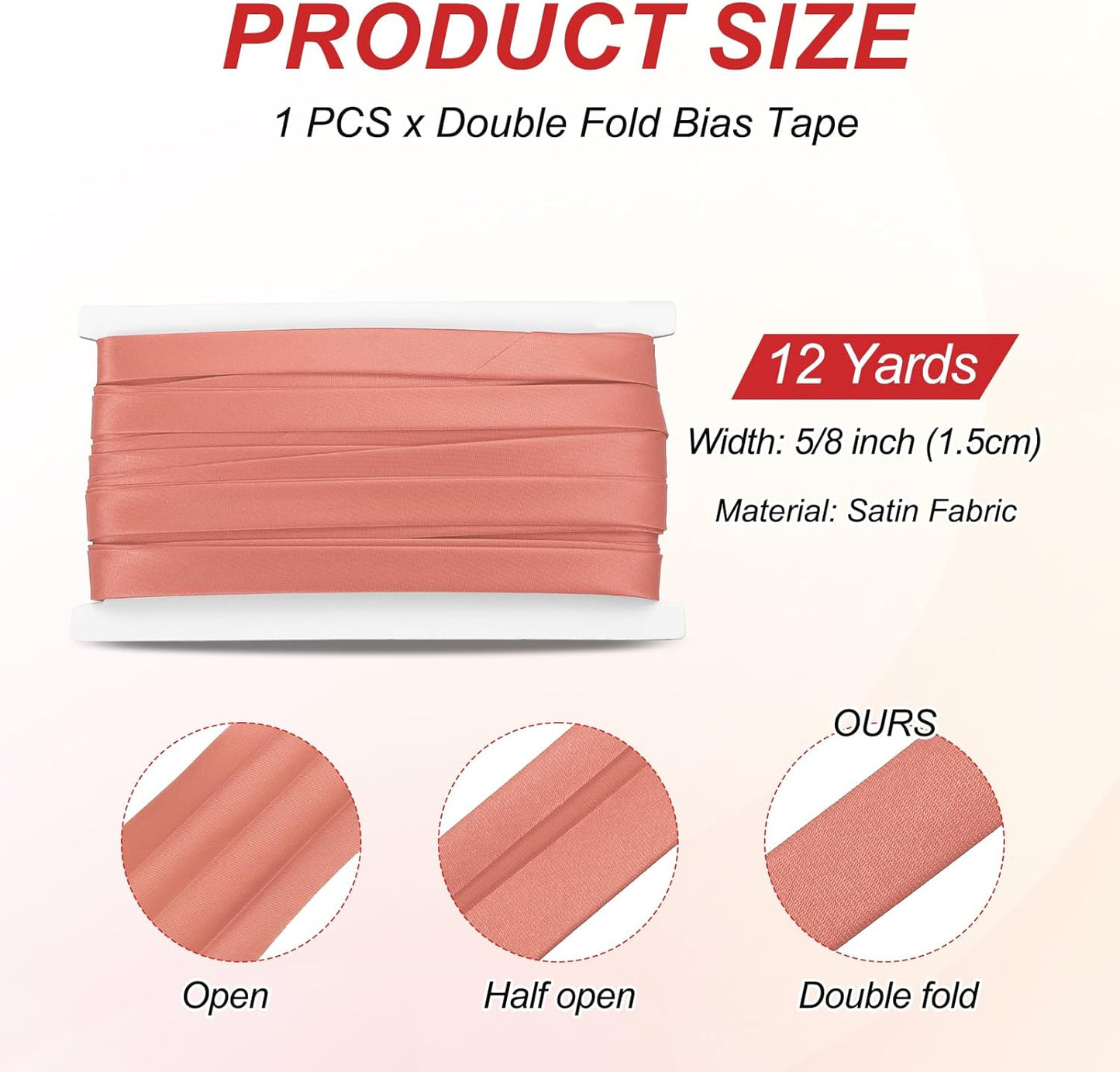 MECCANIXITY Double Fold Bias Tape for Sewing 5/8 Inch x 12 Yards Satin Pre-fold Continuous Binding Tape for Seaming Quilting Hemming Binding DIY Crafts, Light Red