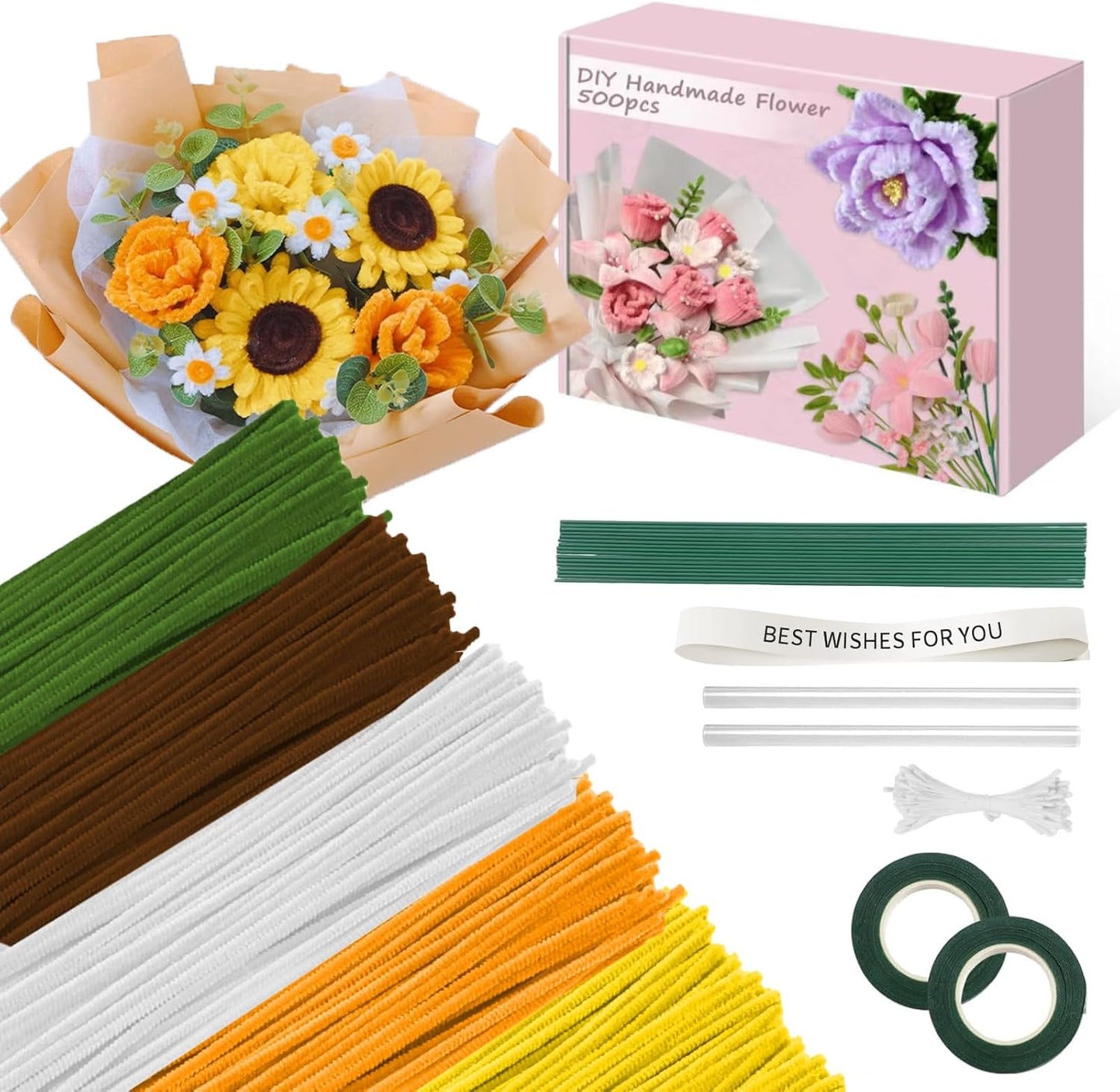 500 Pcs Pipe Cleaners Craft，5 Colors Pipe Cleaners Bulk,Chenille Stems Flowers Craft kit for DIY Handmade Bouquet Wrapping Party Decorations whit Ribbons，Stems,Tape，Stamens, Glue Sticks (Sunflower)