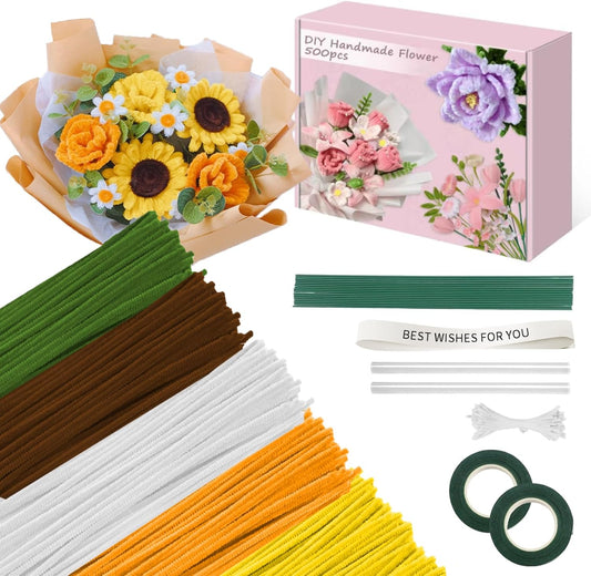 500 Pcs Pipe Cleaners Craft，5 Colors Pipe Cleaners Bulk,Chenille Stems Flowers Craft kit for DIY Handmade Bouquet Wrapping Party Decorations whit Ribbons，Stems,Tape，Stamens, Glue Sticks (Sunflower)