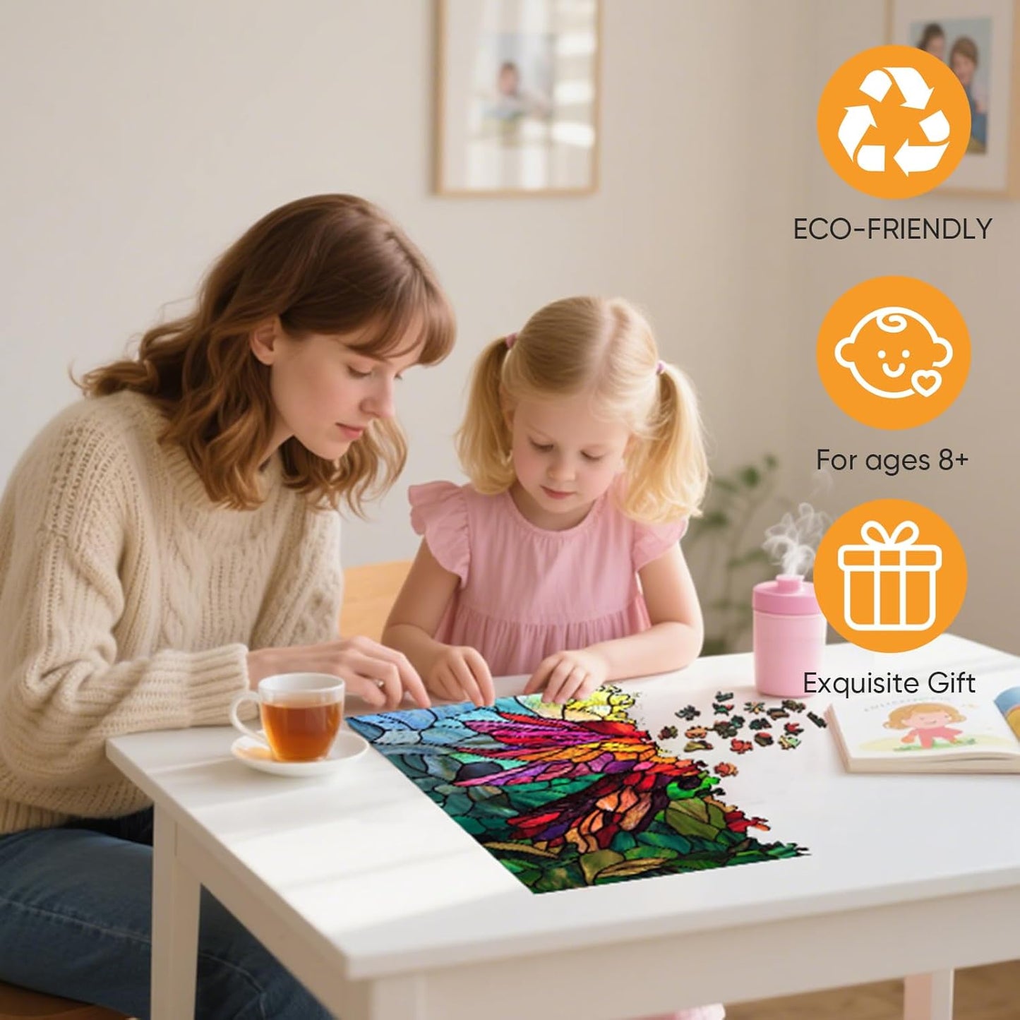 Wooden Puzzles for Adults, Stained Glass Puzzles 200 Pieces, Unique Shaped Hummingbird Jigsaw Puzzles for Adults and Kids, Birthday Gifts Fun Family Game 11.2'' x 11.2''